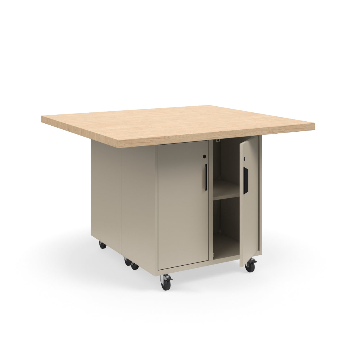 KI Ruckus Mobile Worktable, Double-Faced 2x2 Cubby Storage with Doors, 54" W x 48" D, 1-3/4" Maple Butcher Block Wood Top, FREE SHIPPING