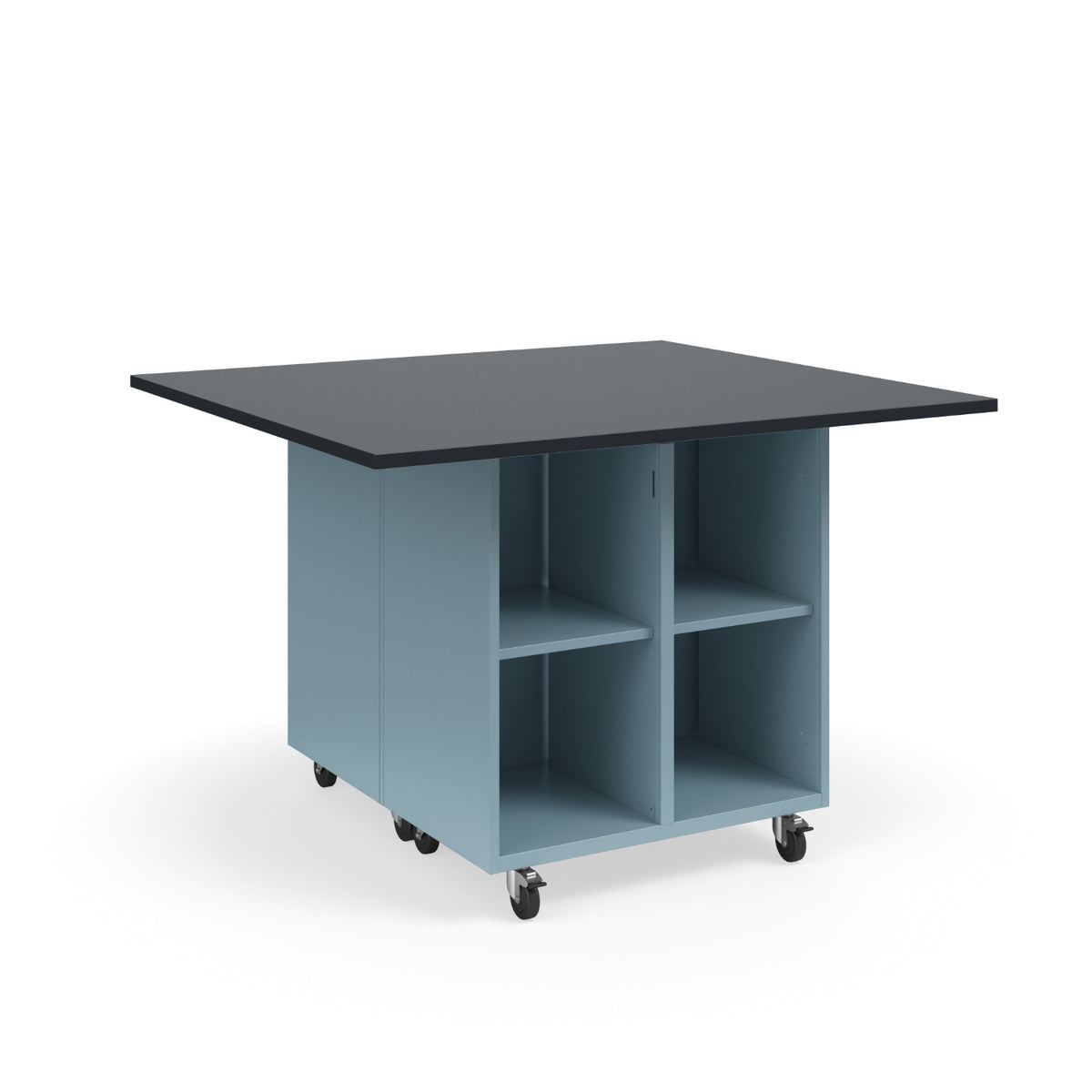 KI Ruckus Mobile Worktable, Double-Faced 2x2 Open Cubby Storage, 54" W x 48" D, 1" Black Phenolic Resin Top, FREE SHIPPING