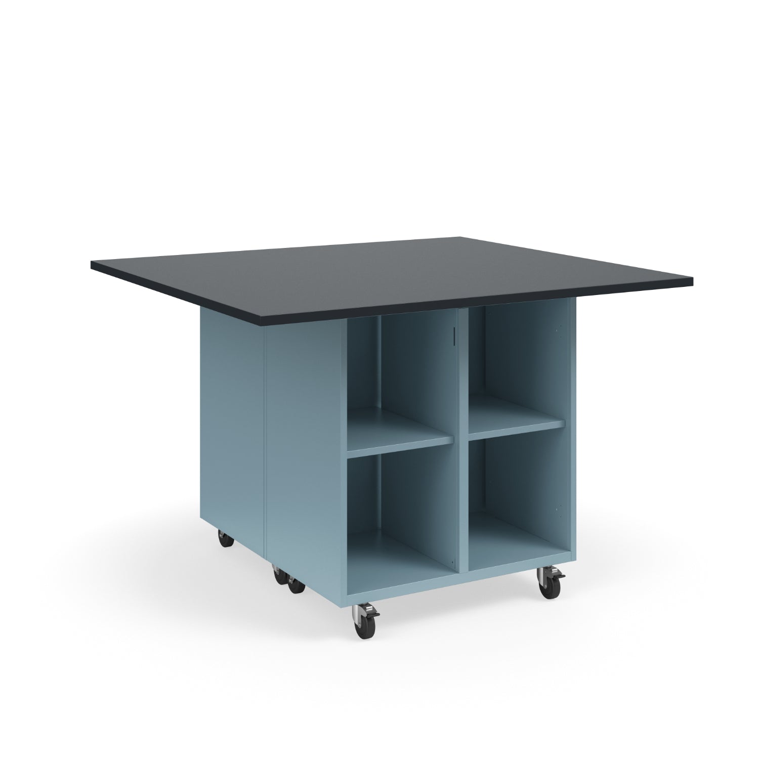 KI Ruckus Mobile Worktable, Double-Faced 2x2 Open Cubby Storage, 54" W x 48" D, 1" Black Phenolic Resin Top, FREE SHIPPING