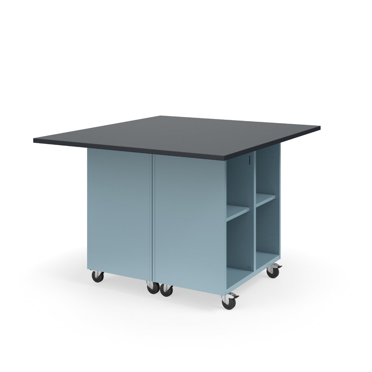 KI Ruckus Mobile Worktable, Double-Faced 2x2 Open Cubby Storage, 54" W x 48" D, 1" Black Phenolic Resin Top, FREE SHIPPING