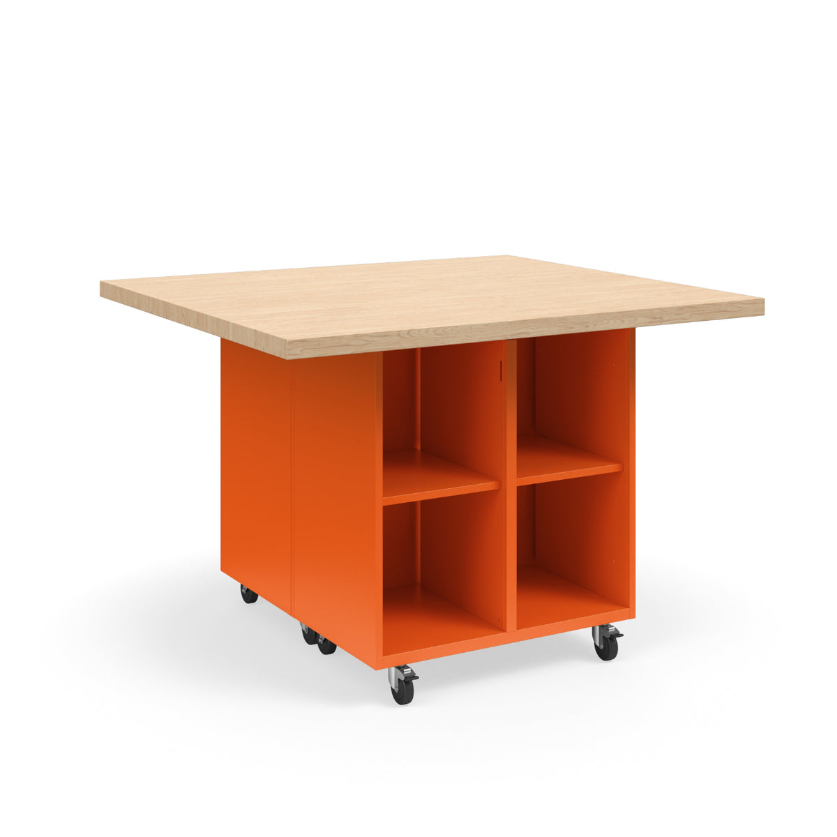 KI Ruckus Mobile Worktable, Double-Faced 2x2 Open Cubby Storage, 54" W x 48" D, 1-3/4" Maple Butcher Block Wood Top, FREE SHIPPING