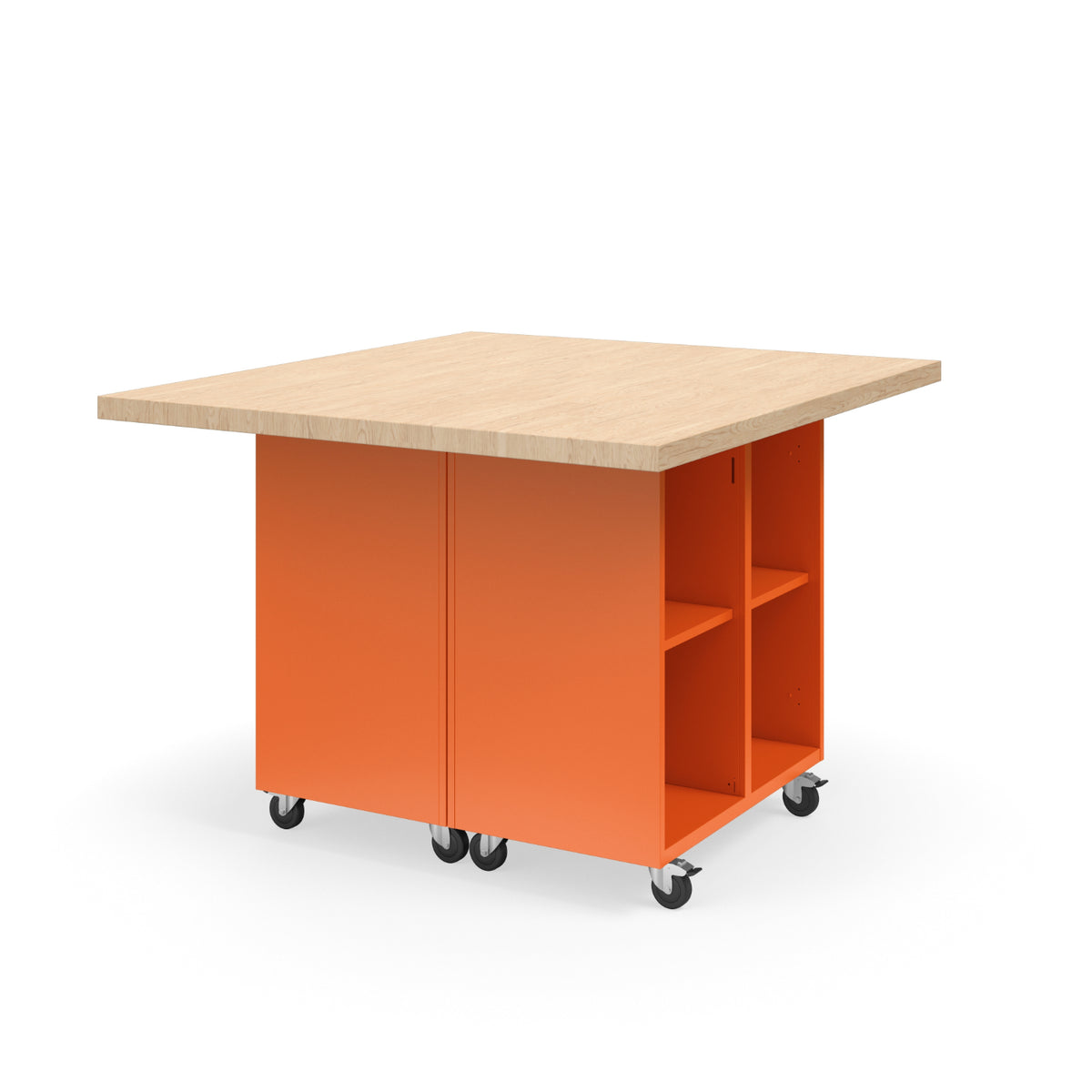 KI Ruckus Mobile Worktable, Double-Faced 2x2 Open Cubby Storage, 54" W x 48" D, 1-3/4" Maple Butcher Block Wood Top, FREE SHIPPING