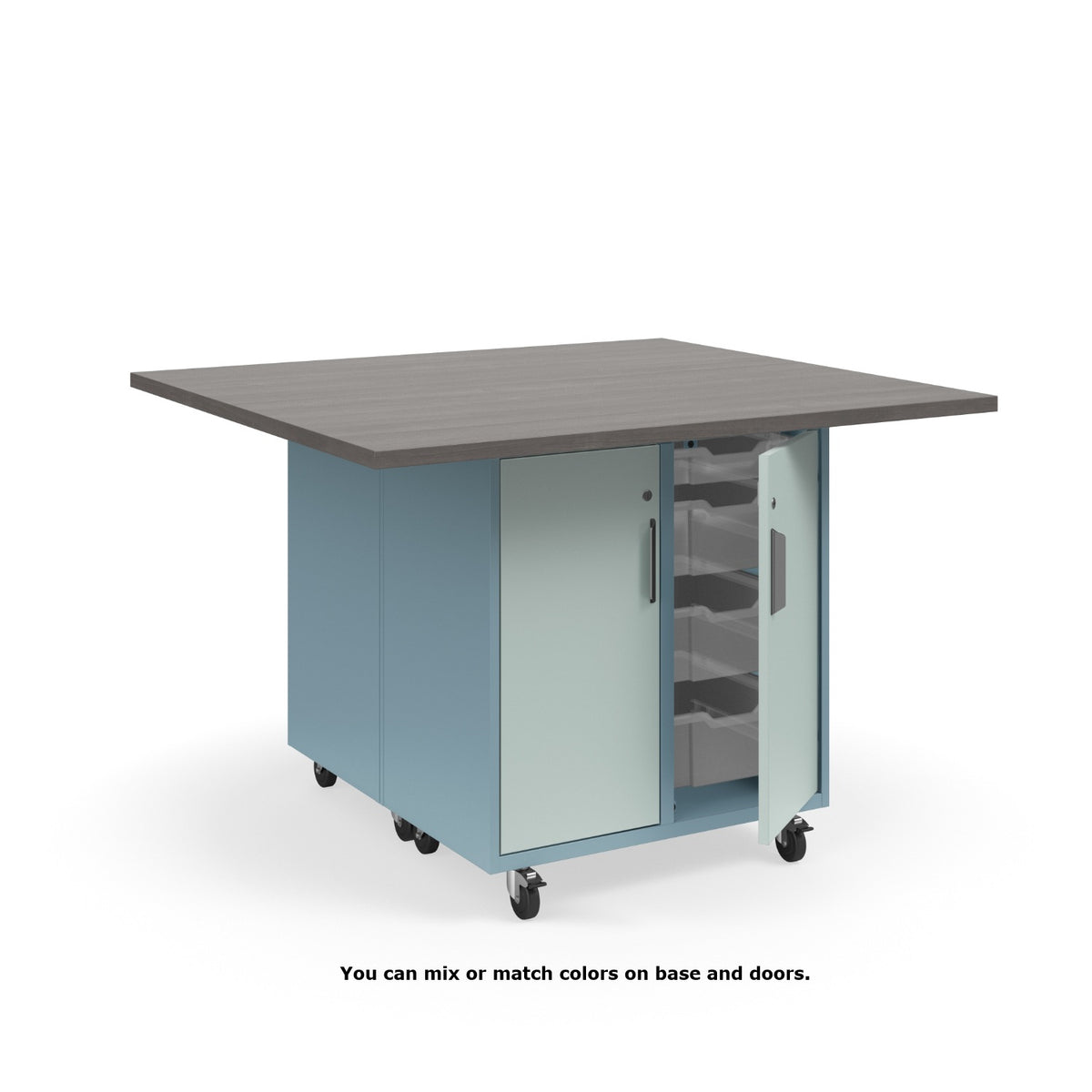 KI Ruckus Mobile Worktable, Double-Faced Cubby and Tote Storage with Doors, 54" W x 48" D, (6) 6" & (2) 3" Totes, 1-1/4" Laminate Top, FREE SHIPPING