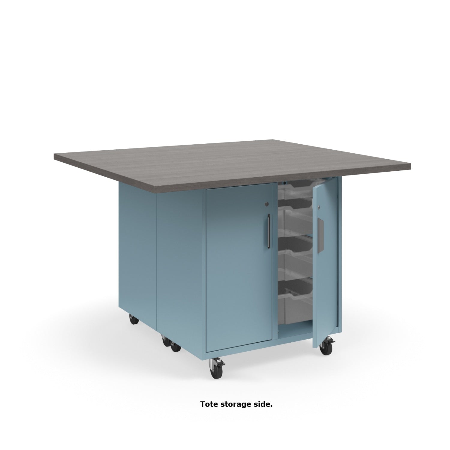 KI Ruckus Mobile Worktable, Double-Faced Cubby and Tote Storage with Doors, 54" W x 48" D, (6) 6" & (2) 3" Totes, 1-1/4" Laminate Top, FREE SHIPPING