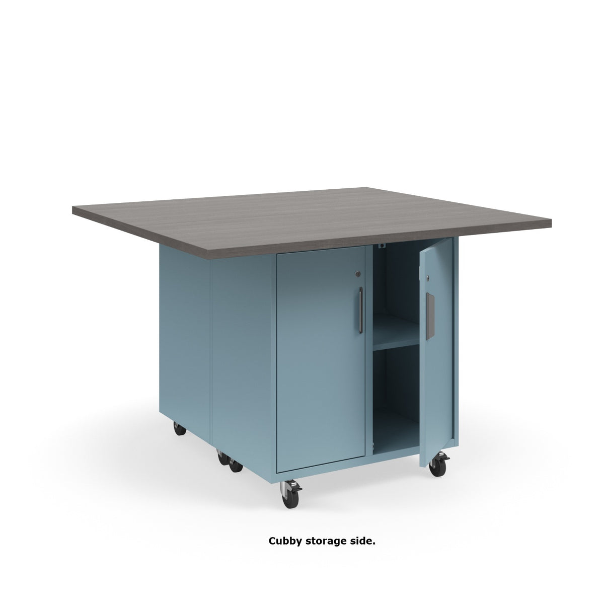KI Ruckus Mobile Worktable, Double-Faced Cubby and Tote Storage with Doors, 54" W x 48" D, (6) 6" & (2) 3" Totes, 1-1/4" Laminate Top, FREE SHIPPING