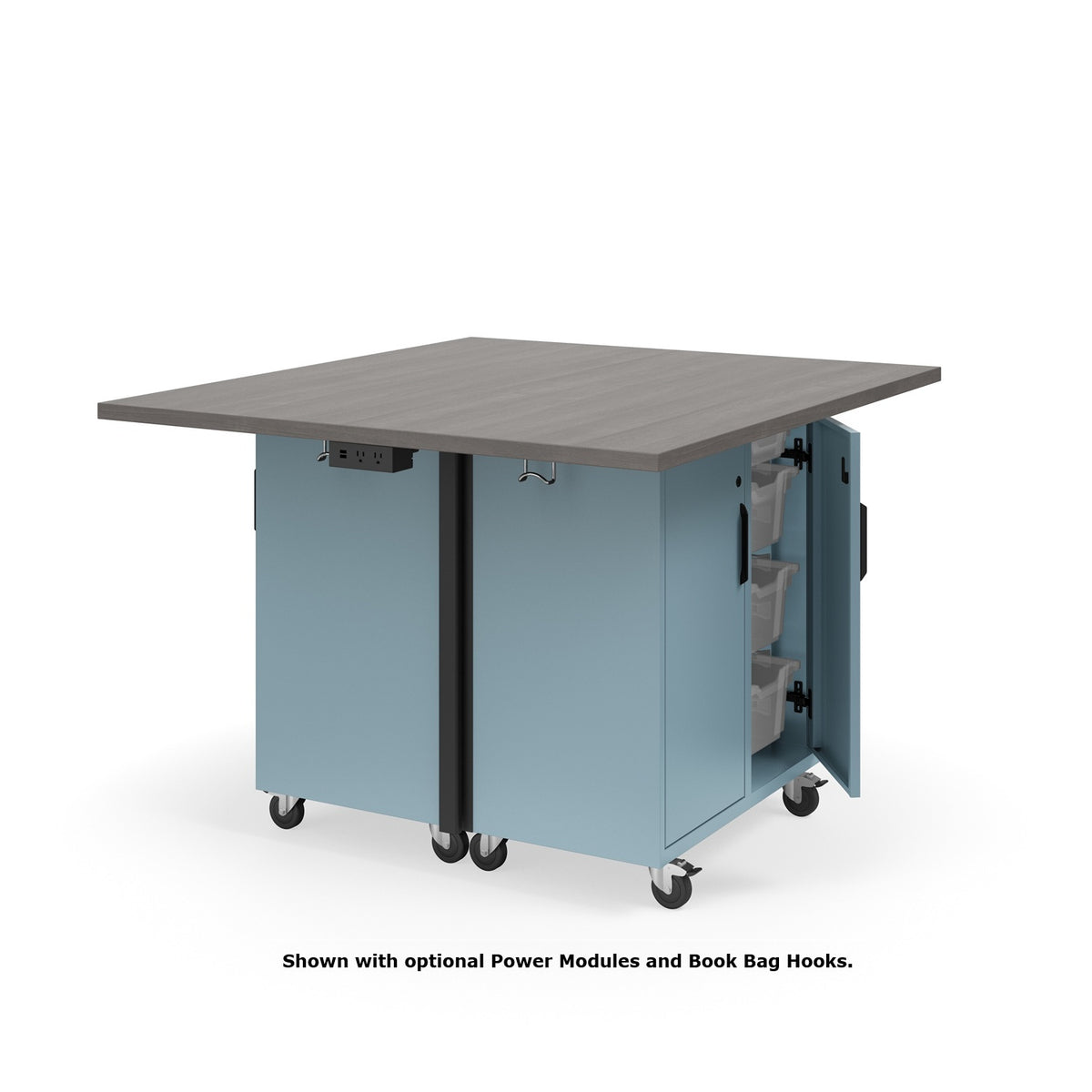 KI Ruckus Mobile Worktable, Double-Faced Cubby and Tote Storage with Doors, 54" W x 48" D, (6) 6" & (2) 3" Totes, 1-1/4" Laminate Top, FREE SHIPPING