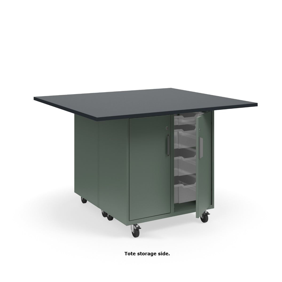 KI Ruckus Mobile Worktable, Double-Faced Cubby and Tote Storage with Doors, 54" W x 48" D, (6) 6" & (2) 3" Totes, 1" Black Phenolic Resin Top, FREE SHIPPING