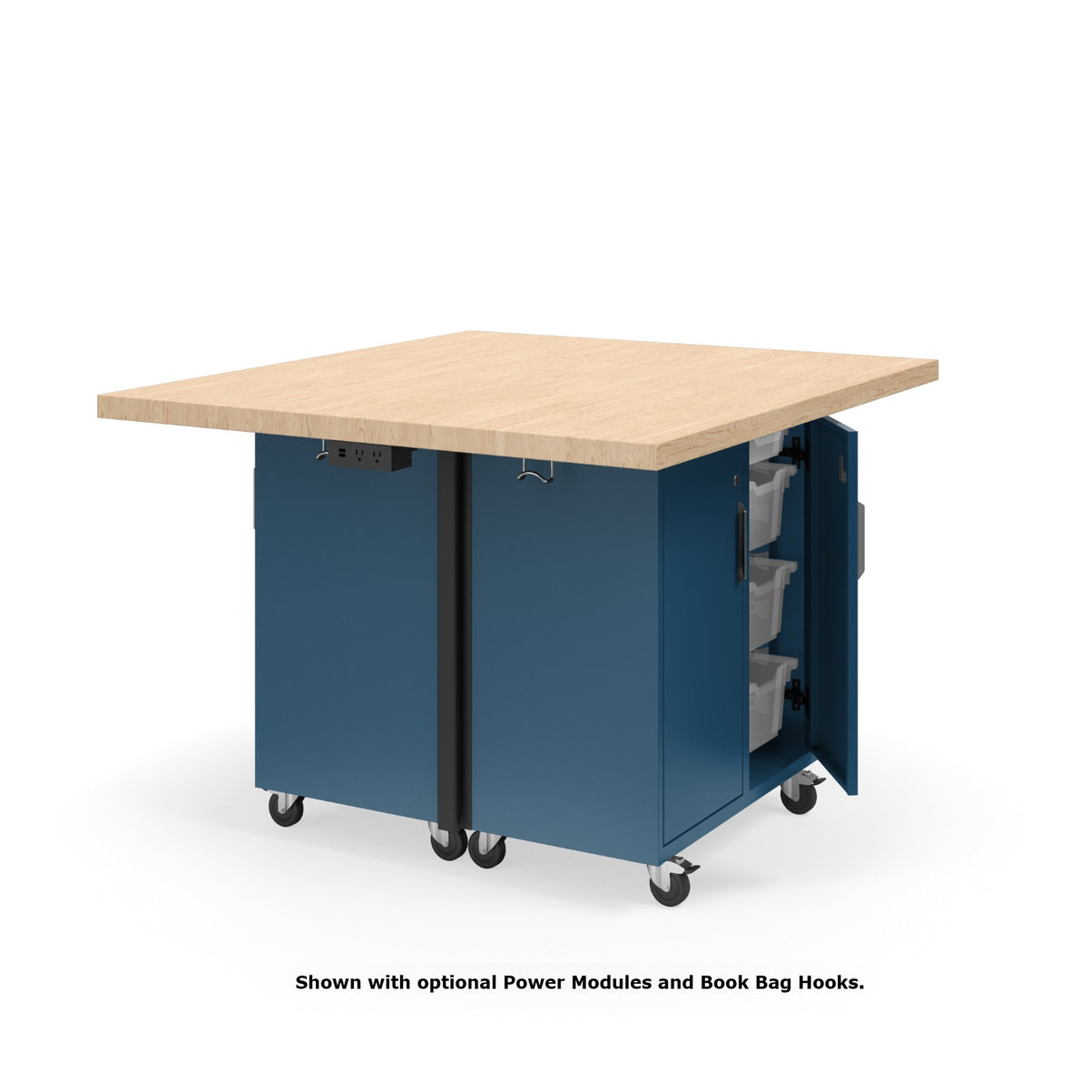 KI Ruckus Mobile Worktable, Double-Faced Cubby and Tote Storage with Doors, 54" W x 48" D, (6) 6" & (2) 3" Totes, 1-3/4" Maple Butcher Block Wood Top, FREE SHIPPING