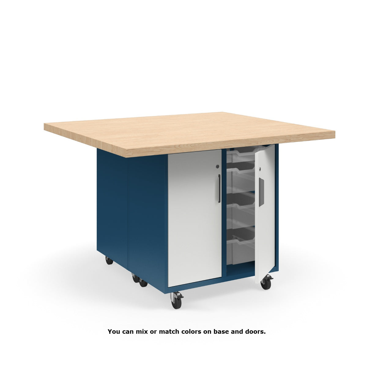 KI Ruckus Mobile Worktable, Double-Faced Cubby and Tote Storage with Doors, 54" W x 48" D, (6) 6" & (2) 3" Totes, 1-3/4" Maple Butcher Block Wood Top, FREE SHIPPING