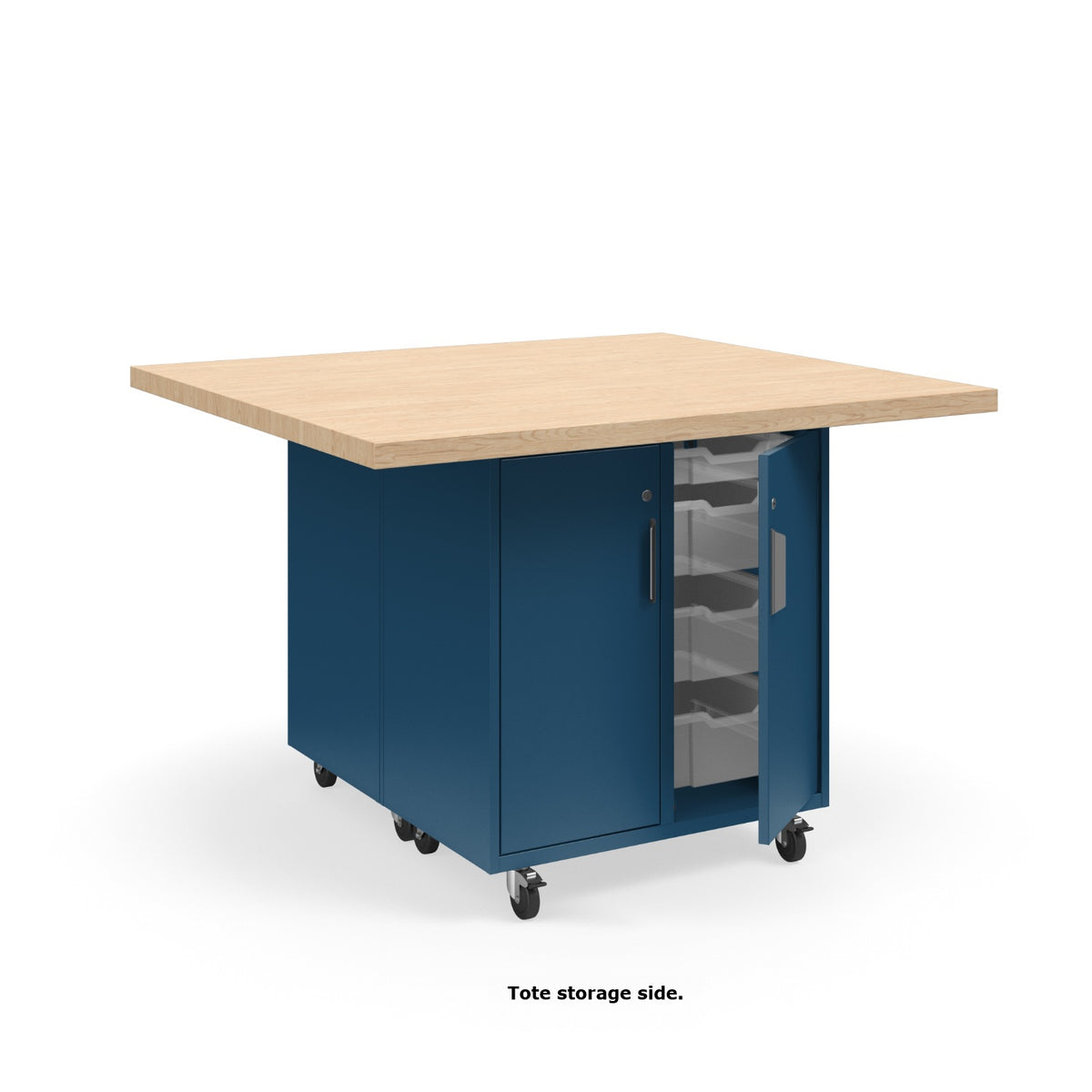 KI Ruckus Mobile Worktable, Double-Faced Cubby and Tote Storage with Doors, 54" W x 48" D, (6) 6" & (2) 3" Totes, 1-3/4" Maple Butcher Block Wood Top, FREE SHIPPING