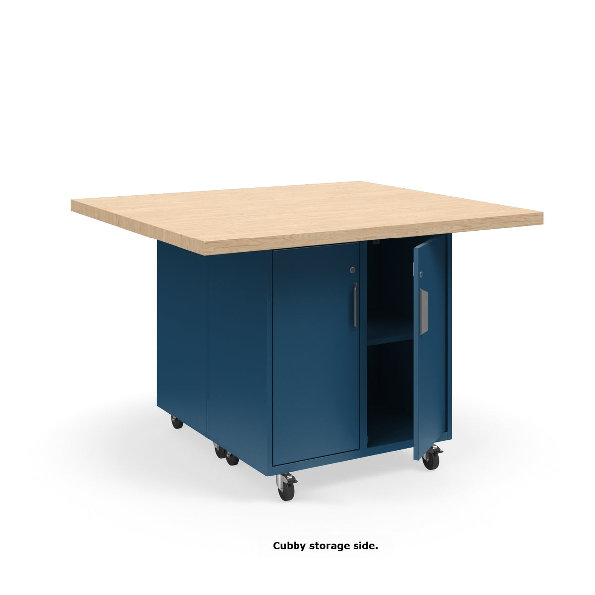 KI Ruckus Mobile Worktable, Double-Faced Cubby and Tote Storage with Doors, 54" W x 48" D, (6) 6" & (2) 3" Totes, 1-3/4" Maple Butcher Block Wood Top, FREE SHIPPING