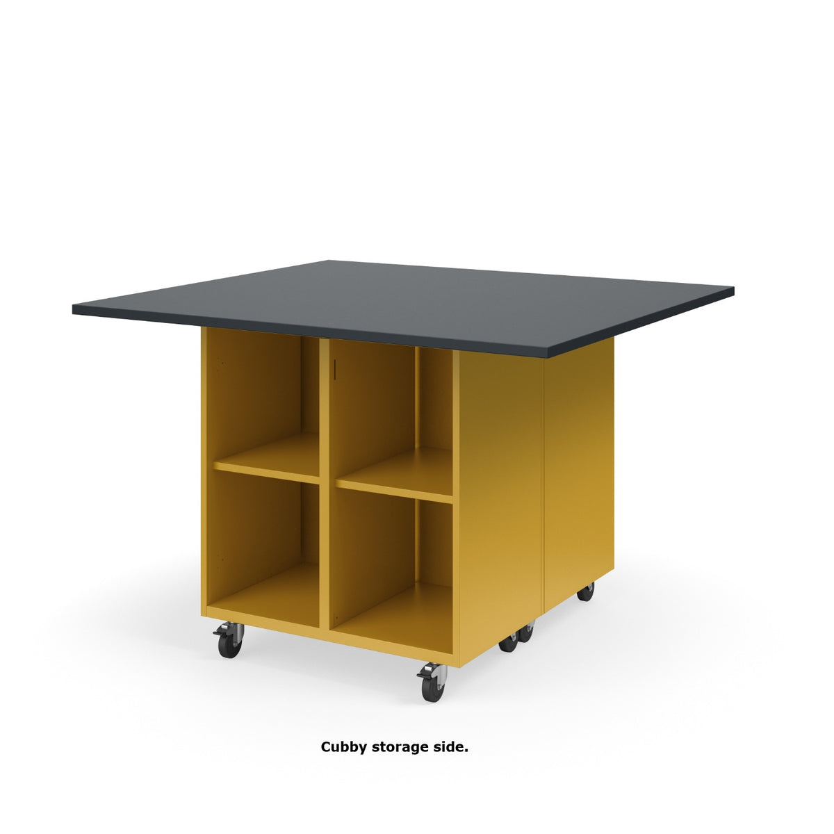 KI Ruckus Mobile Worktable, Double-Faced Open Cubby and Tote Storage, 54" W x 48" D, (6) 6" & (2) 3" Totes, 1" Black Phenolic Resin Top, FREE SHIPPING