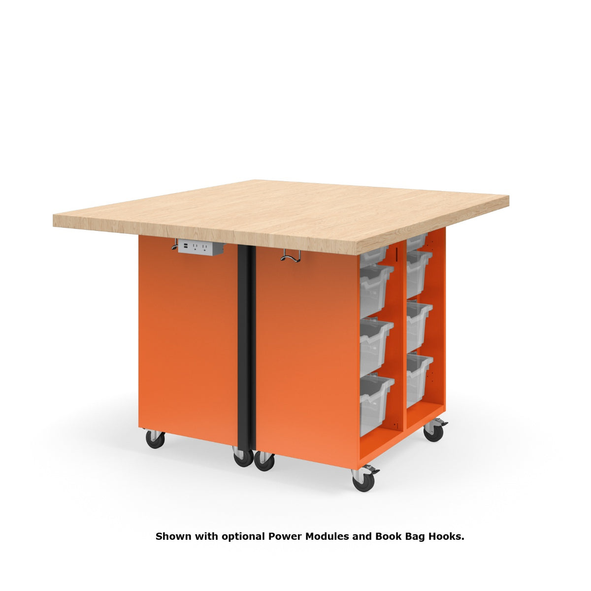 KI Ruckus Mobile Worktable, Double-Faced Open Cubby and Tote Storage, 54" W x 48" D, (6) 6" & (2) 3" Totes, 1-3/4" Maple Butcher Block Wood Top, FREE SHIPPING