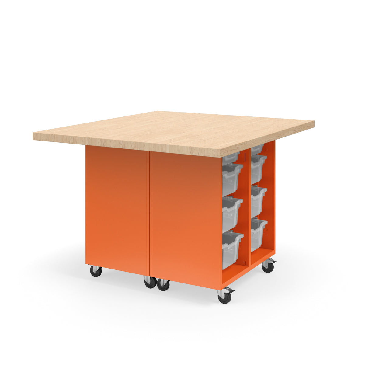 KI Ruckus Mobile Worktable, Double-Faced Open Cubby and Tote Storage, 54" W x 48" D, (6) 6" & (2) 3" Totes, 1-3/4" Maple Butcher Block Wood Top, FREE SHIPPING