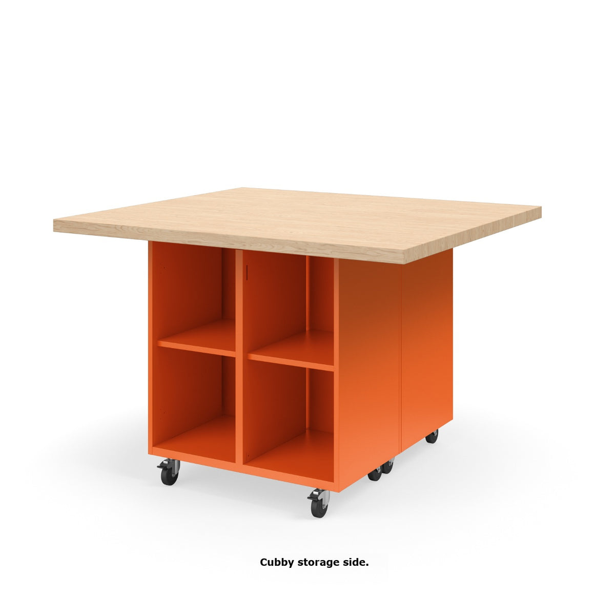 KI Ruckus Mobile Worktable, Double-Faced Open Cubby and Tote Storage, 54" W x 48" D, (6) 6" & (2) 3" Totes, 1-3/4" Maple Butcher Block Wood Top, FREE SHIPPING