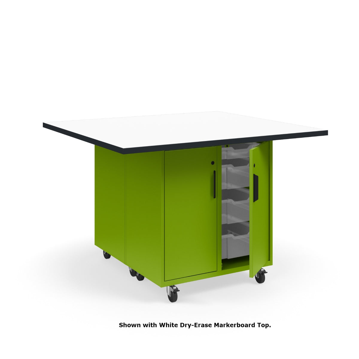 KI Ruckus Mobile Worktable, Double-Faced Tote Storage with Doors, 54" W x 48" D, (12) 6" & (4) 3" Totes, 1-1/4" Laminate Top, FREE SHIPPING