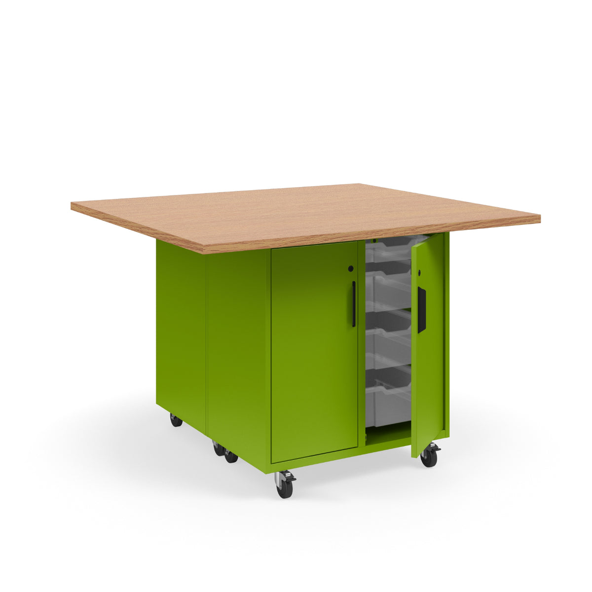 KI Ruckus Mobile Worktable, Double-Faced Tote Storage with Doors, 54" W x 48" D, (12) 6" & (4) 3" Totes, 1-1/4" Laminate Top, FREE SHIPPING