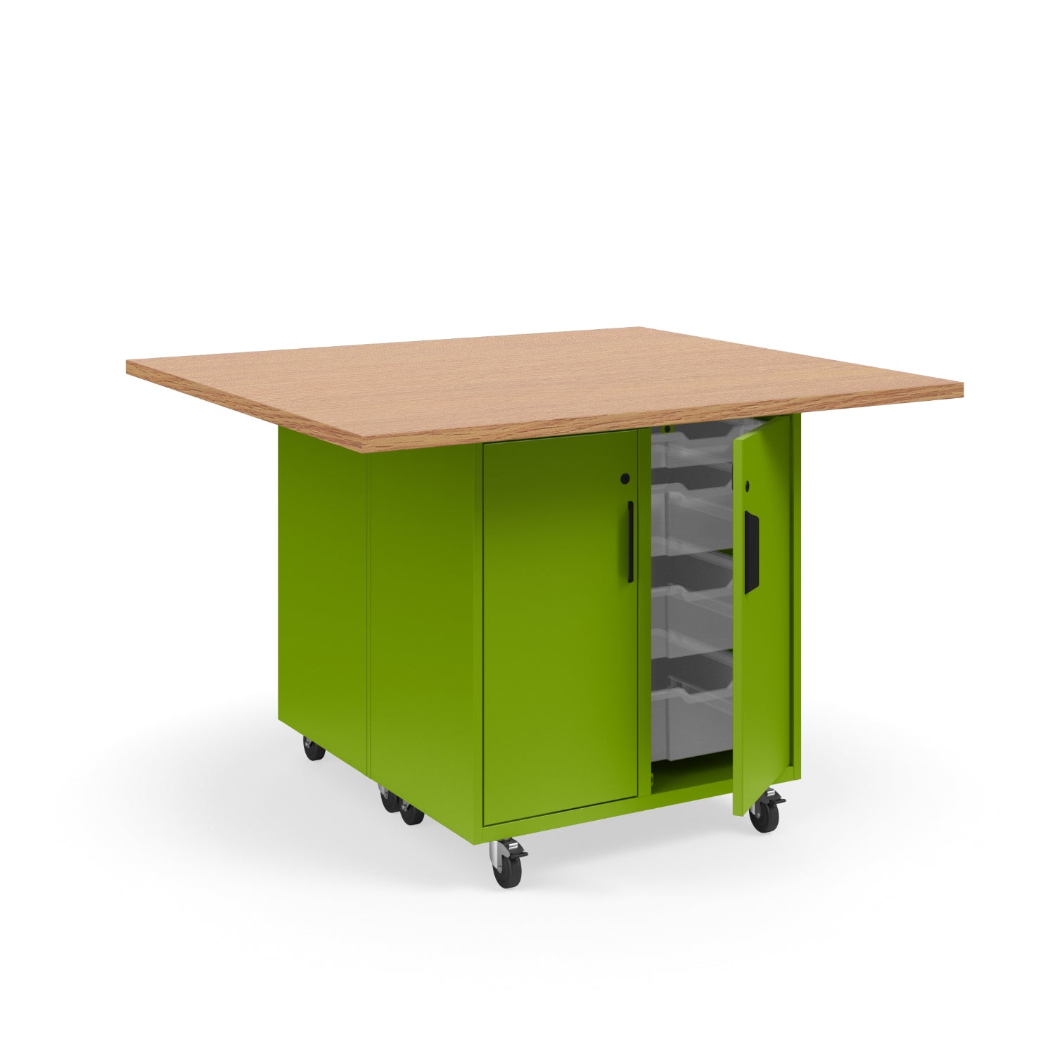 Ruckus Mobile Worktable, Double-Faced Tote Storage with Doors, 54" W x 48" D,  (12) 6" & (4) 3" Totes, 1-1/4" Laminate Top, FREE SHIPPING