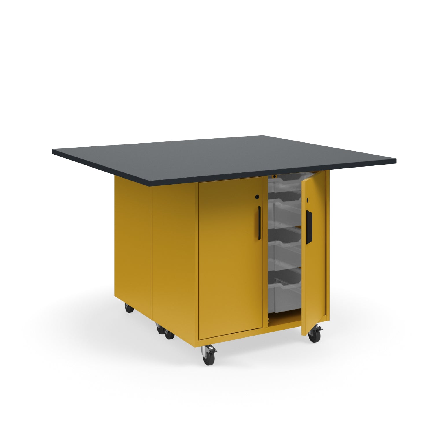 KI Ruckus Mobile Worktable, Double-Faced Tote Storage with Doors, 54" W x 48" D,  (12) 6" & (4) 3" Totes, 1" Black Phenolic Resin Top, FREE SHIPPING