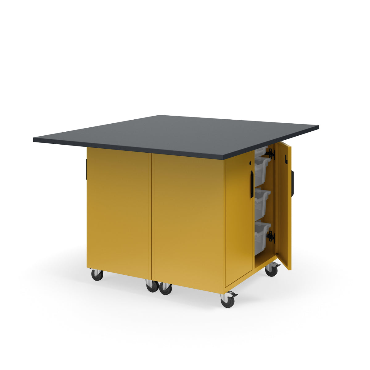KI Ruckus Mobile Worktable, Double-Faced Tote Storage with Doors, 54" W x 48" D,  (12) 6" & (4) 3" Totes, 1" Black Phenolic Resin Top, FREE SHIPPING