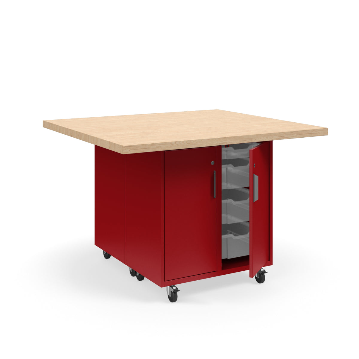 KI Ruckus Mobile Worktable, Double-Faced Tote Storage with Doors, 54" W x 48" D, (12) 6" & (4) 3" Totes, 1-3/4" Maple Butcher Block Wood Top, FREE SHIPPING