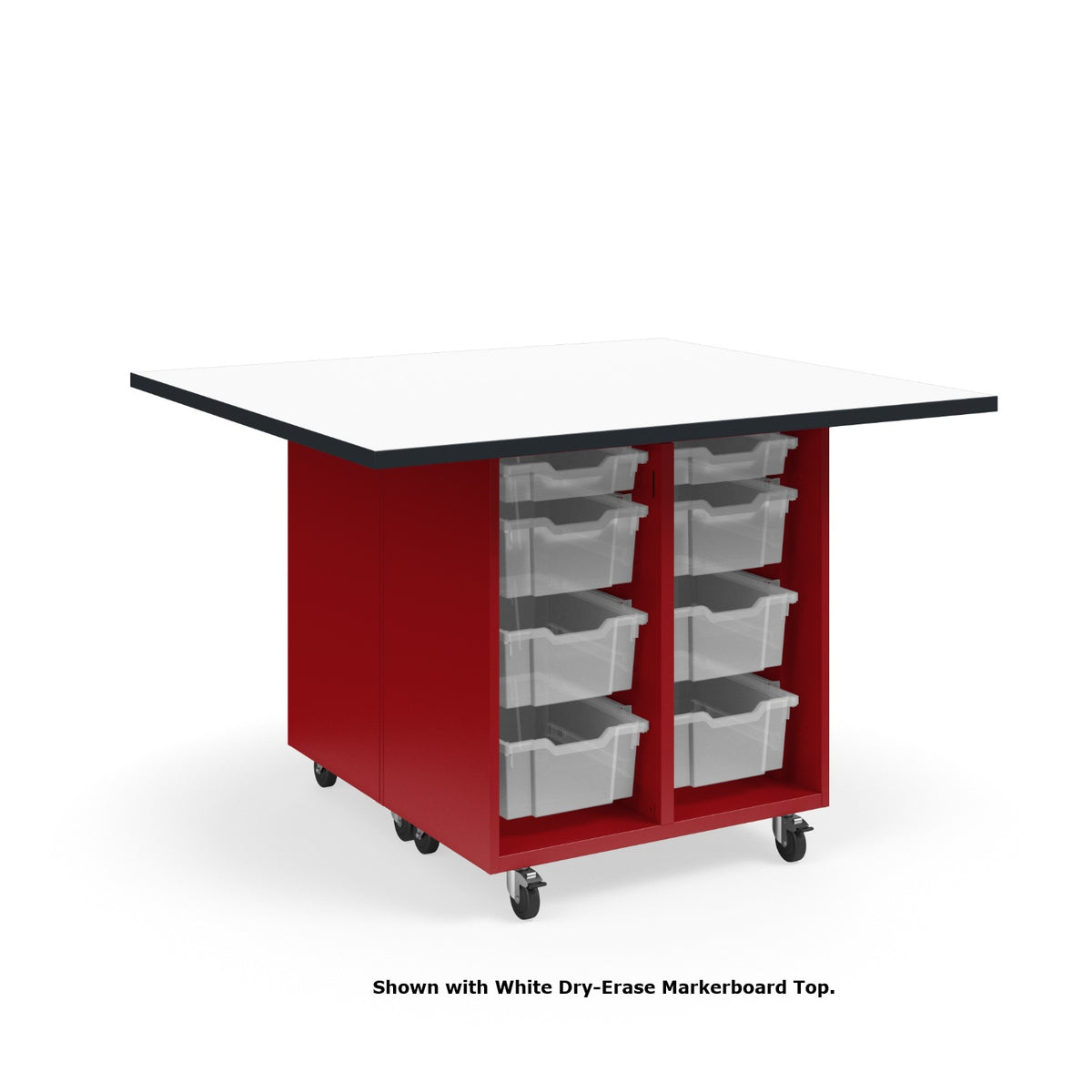 KI Ruckus Mobile Worktable, Double-Faced Open Tote Storage, 54" W x 48" D, (12) 6" & (4) 3" Totes, 1-1/4" Laminate Top, FREE SHIPPING