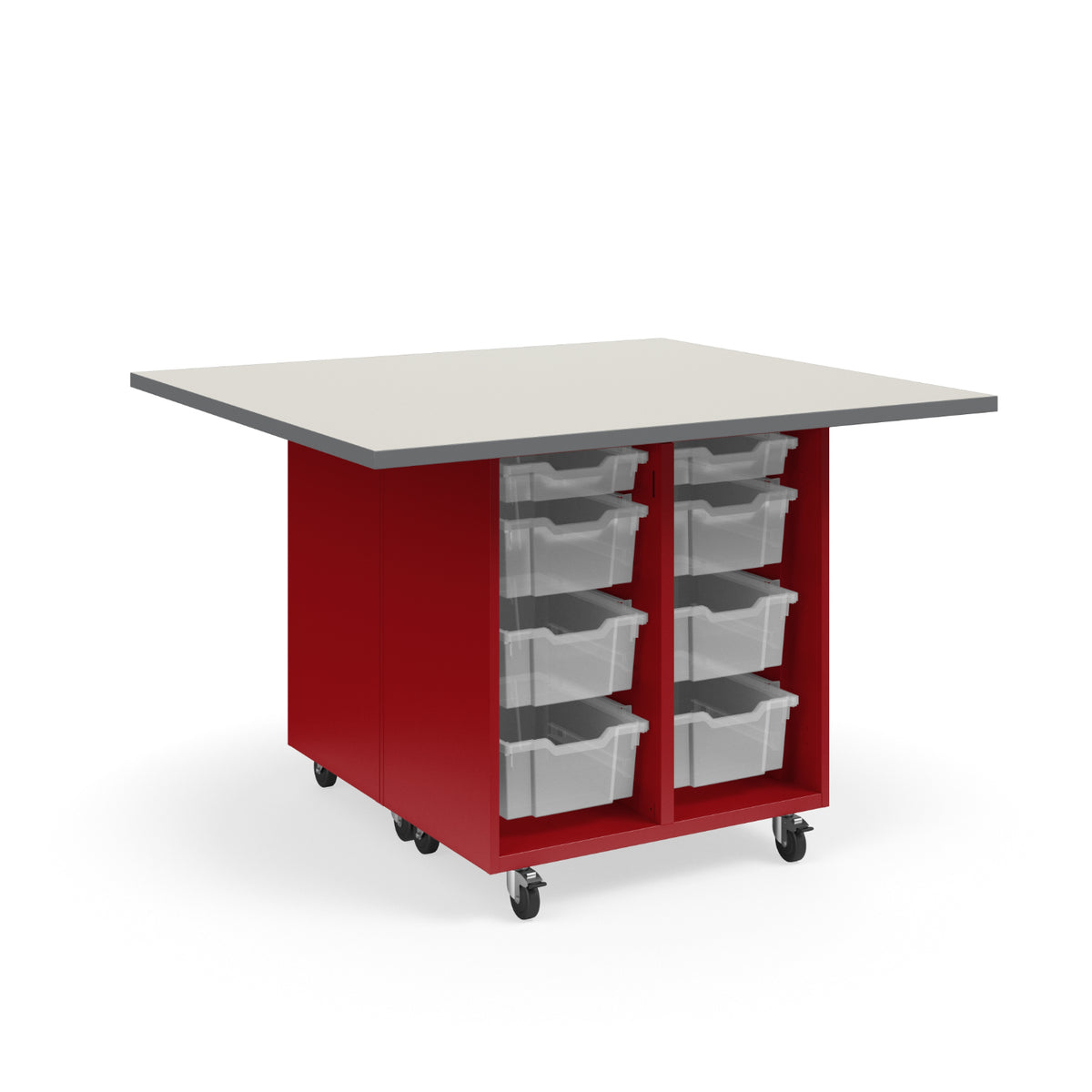 KI Ruckus Mobile Worktable, Double-Faced Open Tote Storage, 54" W x 48" D, (12) 6" & (4) 3" Totes, 1-1/4" Laminate Top, FREE SHIPPING