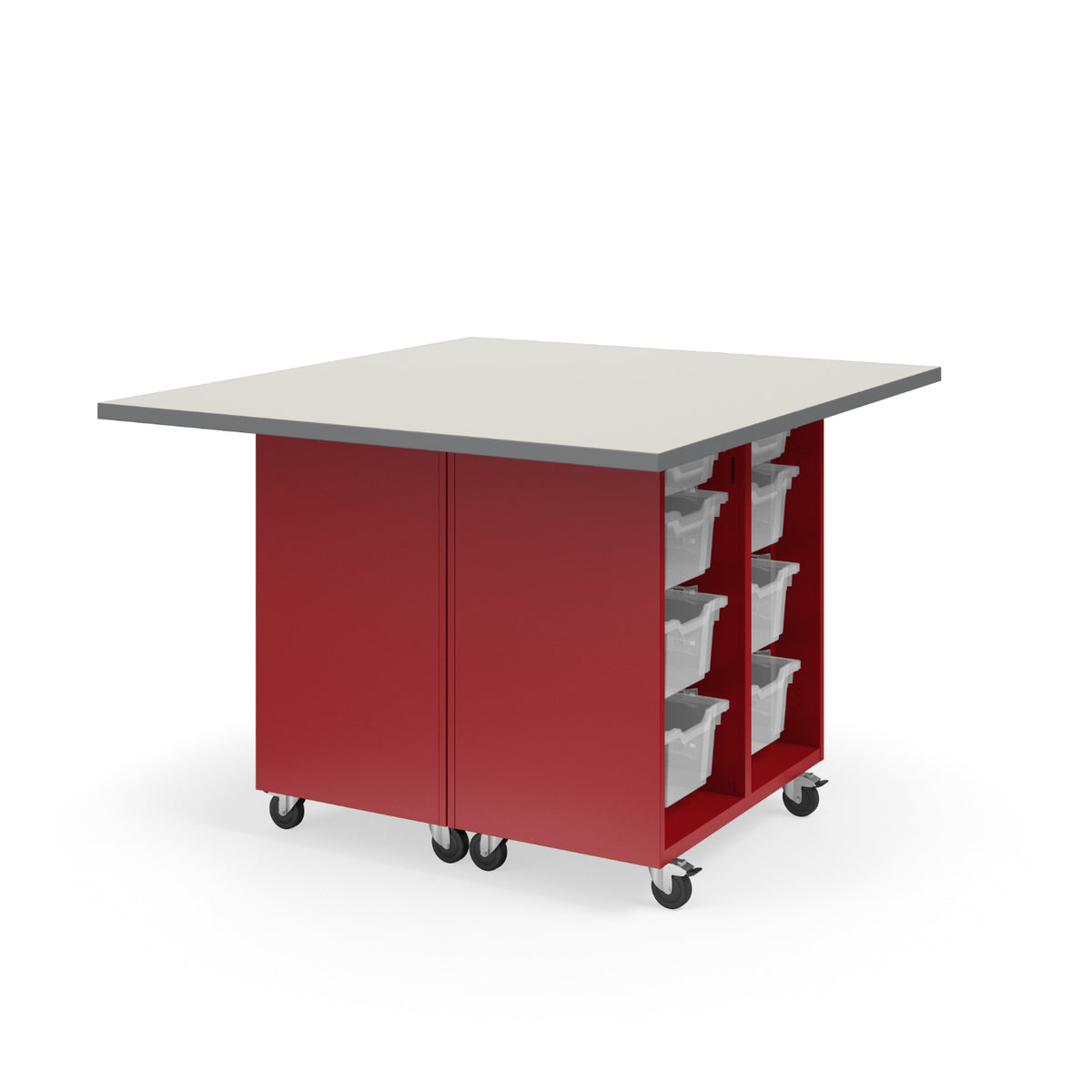 KI Ruckus Mobile Worktable, Double-Faced Open Tote Storage, 54" W x 48" D, (12) 6" & (4) 3" Totes, 1-1/4" Laminate Top, FREE SHIPPING