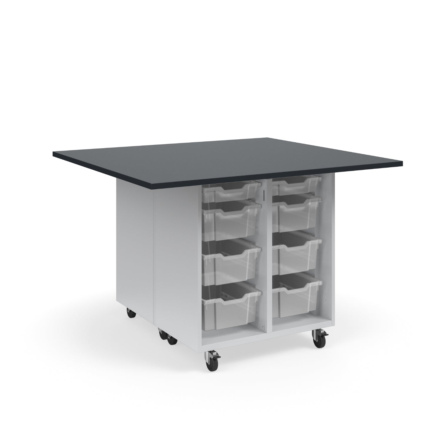 Ruckus Mobile Worktable, Double-Faced Open Tote Storage, 54" W x 48" D, (12) 6" & (4) 3" Totes, 1" Black Phenolic Resin Top, FREE SHIPPING