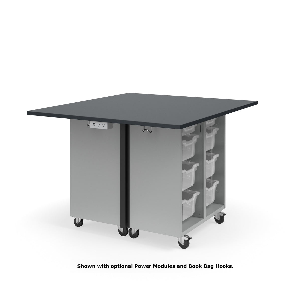 KI Ruckus Mobile Worktable, Double-Faced Open Tote Storage, 54" W x 48" D, (12) 6" & (4) 3" Totes, 1" Black Phenolic Resin Top, FREE SHIPPING