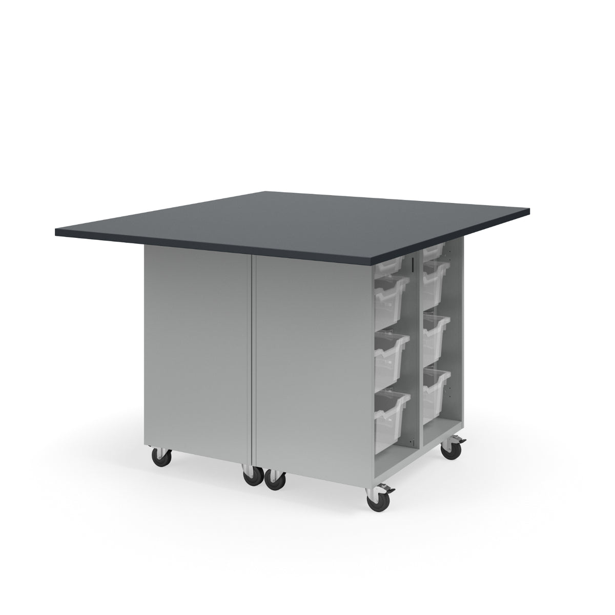 KI Ruckus Mobile Worktable, Double-Faced Open Tote Storage, 54" W x 48" D, (12) 6" & (4) 3" Totes, 1" Black Phenolic Resin Top, FREE SHIPPING