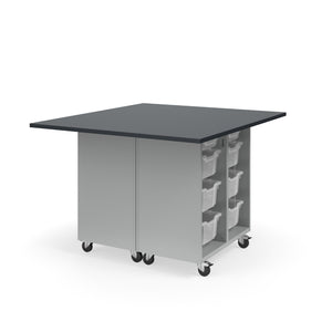Ruckus Mobile Worktable, Double-Faced Open Tote Storage, 54" W x 48" D, (12) 6" & (4) 3" Totes, 1" Black Phenolic Resin Top, FREE SHIPPING
