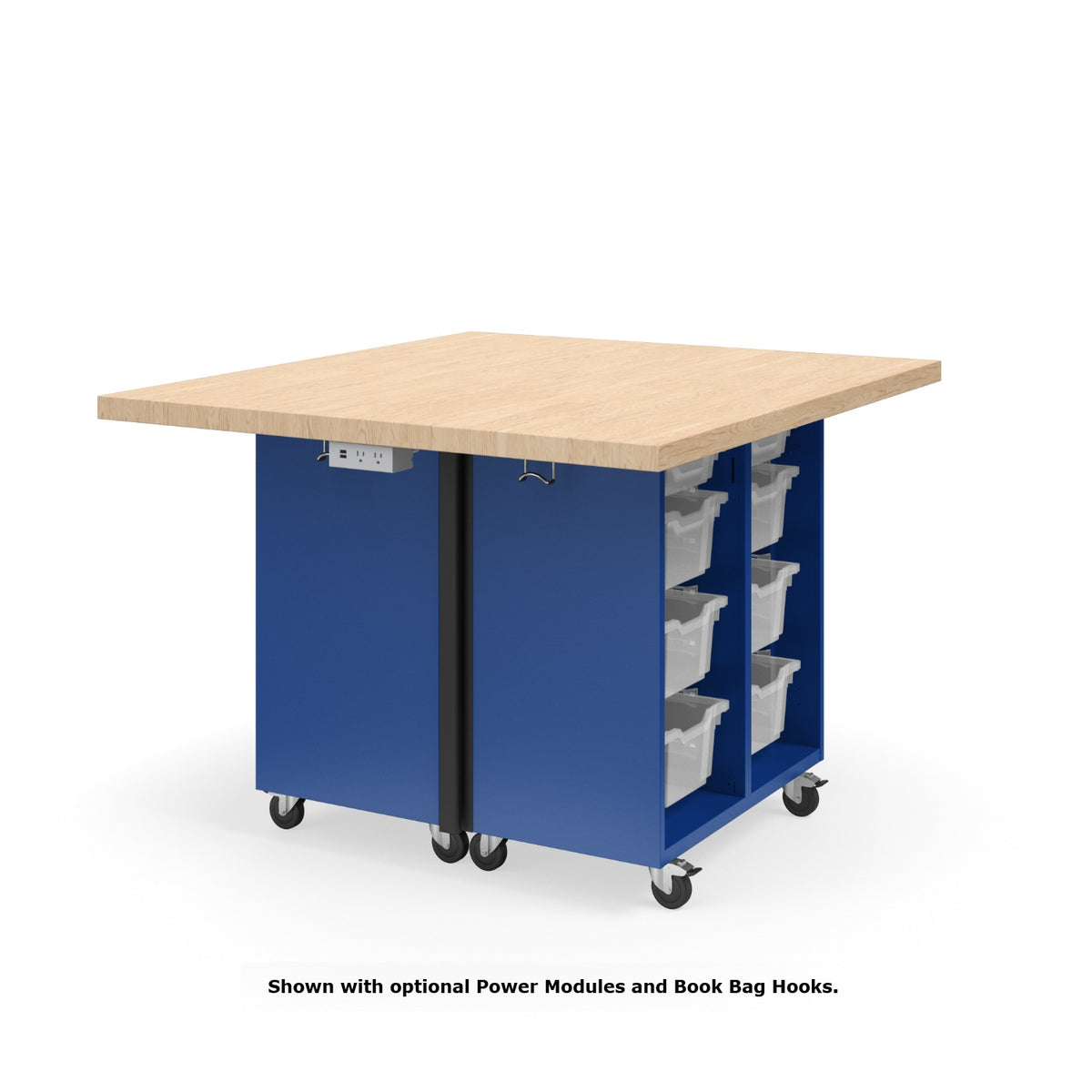 KI Ruckus Mobile Worktable, Double-Faced Open Tote Storage, 54" W x 48" D, (12) 6" & (4) 3" Totes, 1-3/4" Maple Butcher Block Wood Top, FREE SHIPPING