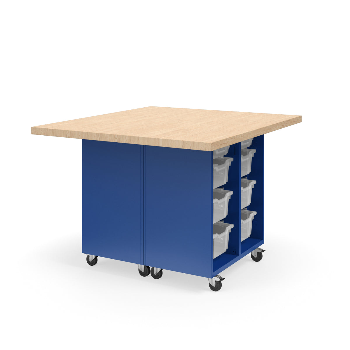 KI Ruckus Mobile Worktable, Double-Faced Open Tote Storage, 54" W x 48" D, (12) 6" & (4) 3" Totes, 1-3/4" Maple Butcher Block Wood Top, FREE SHIPPING