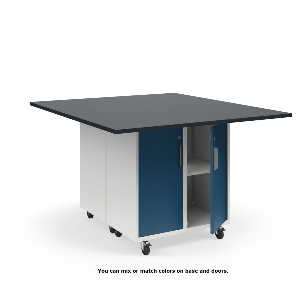 KI Ruckus Mobile Worktable, Double-Faced 2x2 Cubby Storage with Doors, 54" W x 60" D, 1" Black Phenolic Resin Top, FREE SHIPPING