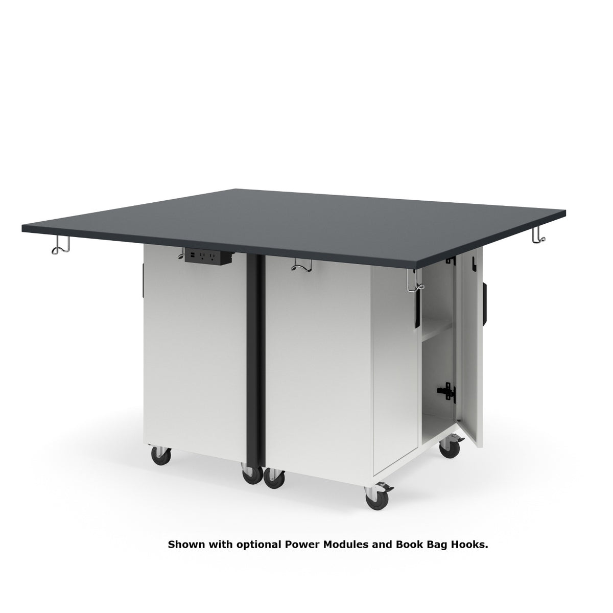 KI Ruckus Mobile Worktable, Double-Faced 2x2 Cubby Storage with Doors, 54" W x 60" D, 1" Black Phenolic Resin Top, FREE SHIPPING