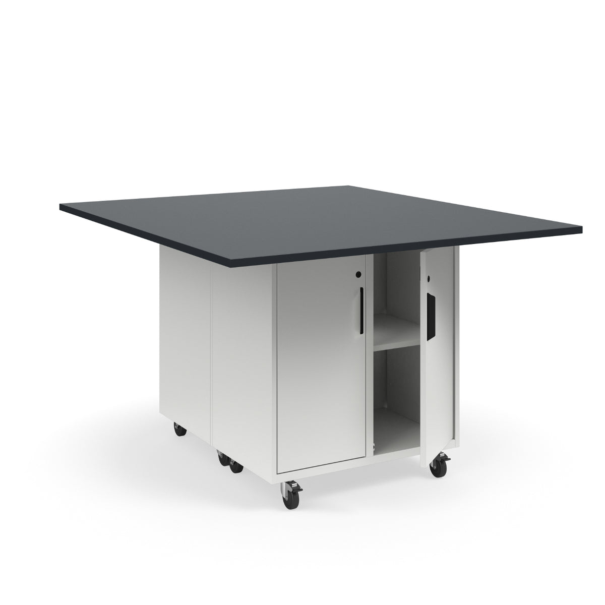 KI Ruckus Mobile Worktable, Double-Faced 2x2 Cubby Storage with Doors, 54" W x 60" D, 1" Black Phenolic Resin Top, FREE SHIPPING