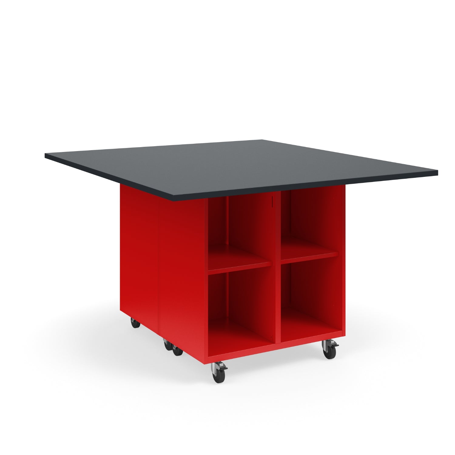 Ruckus Mobile Worktable, Double-Faced 2x2 Open Cubby Storage, 54" W x 60" D, 1" Black Phenolic Resin Top, FREE SHIPPING