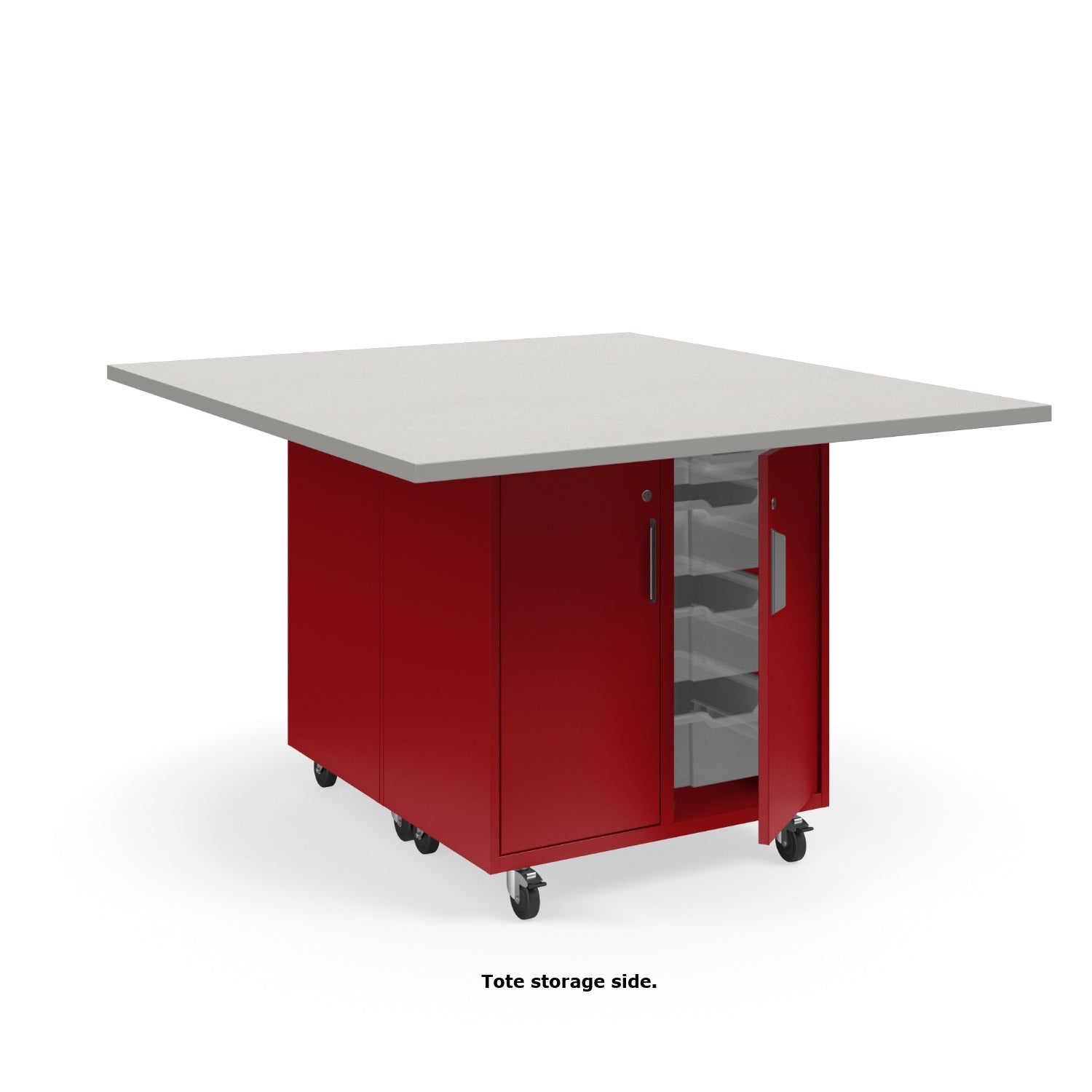 Ruckus Mobile Worktable, Double-Faced Cubby and Tote Storage with Doors, 54" W x 60" D, (6) 6" & (2) 3" Totes, 1-1/4" Laminate Top, FREE SHIPPING