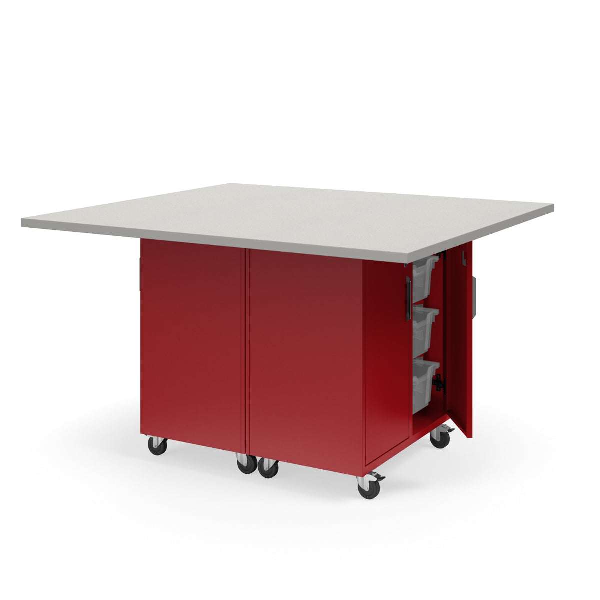 KI Ruckus Mobile Worktable, Double-Faced Cubby and Tote Storage with Doors, 54" W x 60" D, (6) 6" & (2) 3" Totes, 1-1/4" Laminate Top, FREE SHIPPING