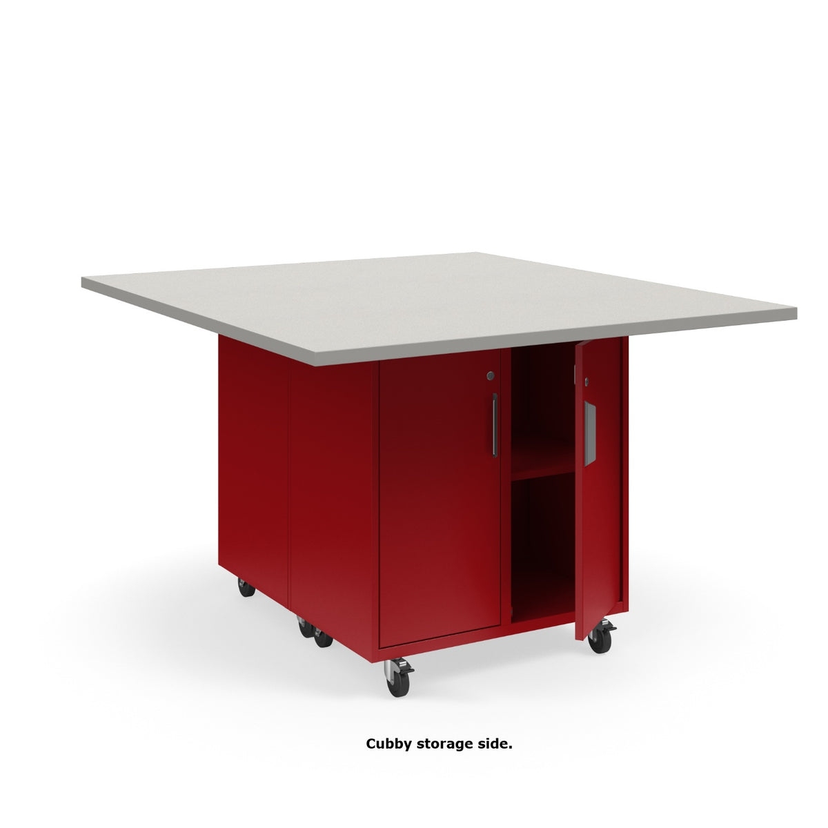 KI Ruckus Mobile Worktable, Double-Faced Cubby and Tote Storage with Doors, 54" W x 60" D, (6) 6" & (2) 3" Totes, 1-1/4" Laminate Top, FREE SHIPPING