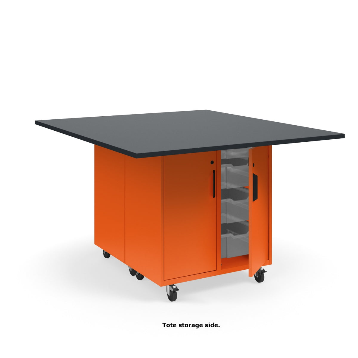 KI Ruckus Mobile Worktable, Double-Faced Cubby and Tote Storage with Doors, 54" W x 60" D, (6) 6" & (2) 3" Totes, 1" Black Phenolic Resin Top, FREE SHIPPING