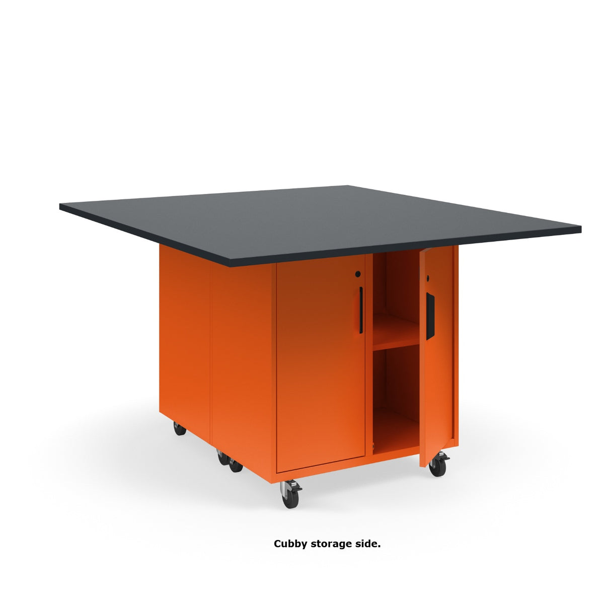 KI Ruckus Mobile Worktable, Double-Faced Cubby and Tote Storage with Doors, 54" W x 60" D, (6) 6" & (2) 3" Totes, 1" Black Phenolic Resin Top, FREE SHIPPING