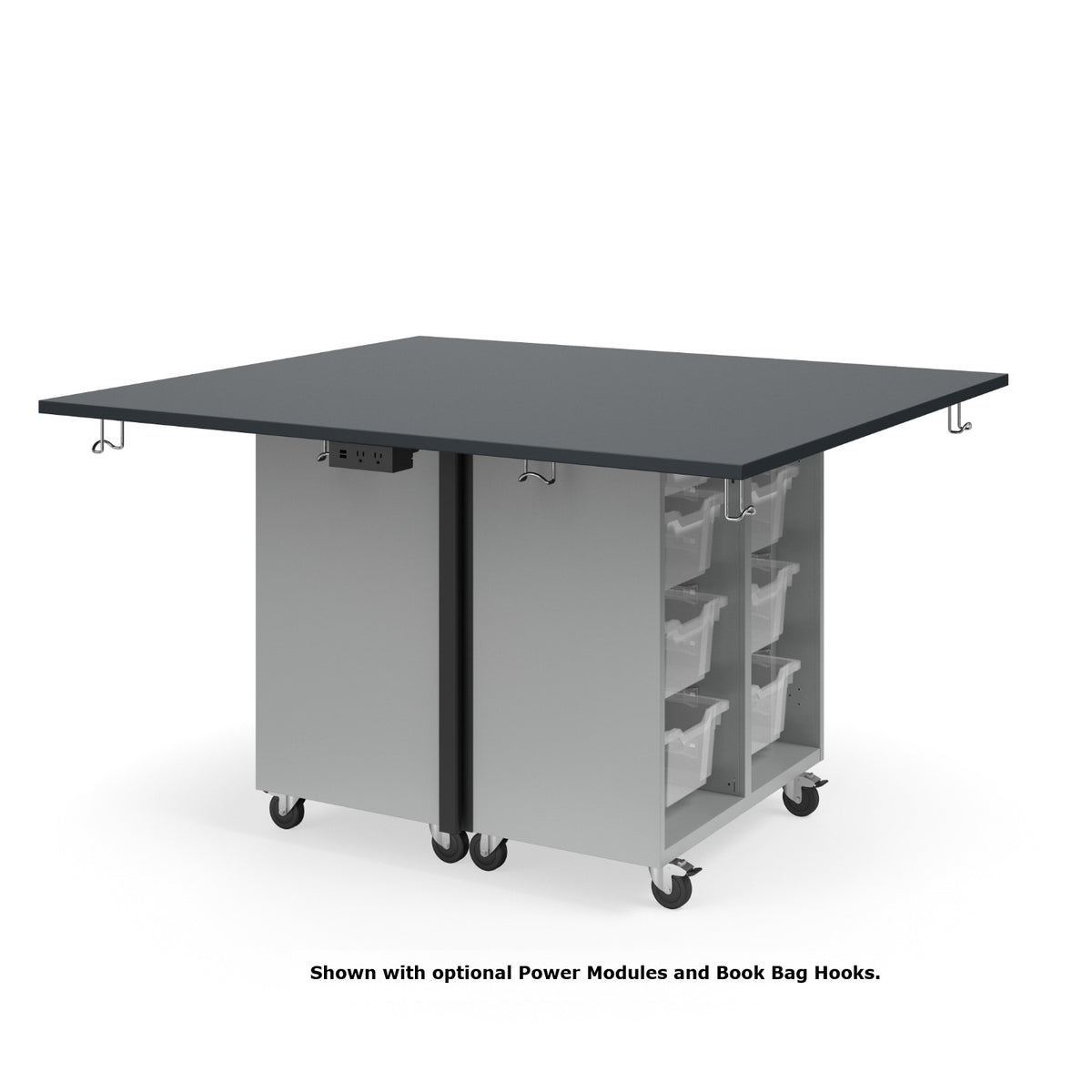 KI Ruckus Mobile Worktable, Double-Faced Open Cubby and Tote Storage, 54" W x 60" D, (6) 6" & (2) 3" Totes, 1" Black Phenolic Resin Top, FREE SHIPPING