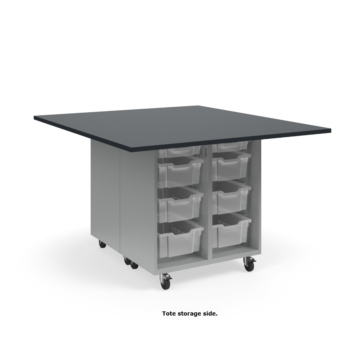 KI Ruckus Mobile Worktable, Double-Faced Open Cubby and Tote Storage, 54" W x 60" D, (6) 6" & (2) 3" Totes, 1" Black Phenolic Resin Top, FREE SHIPPING