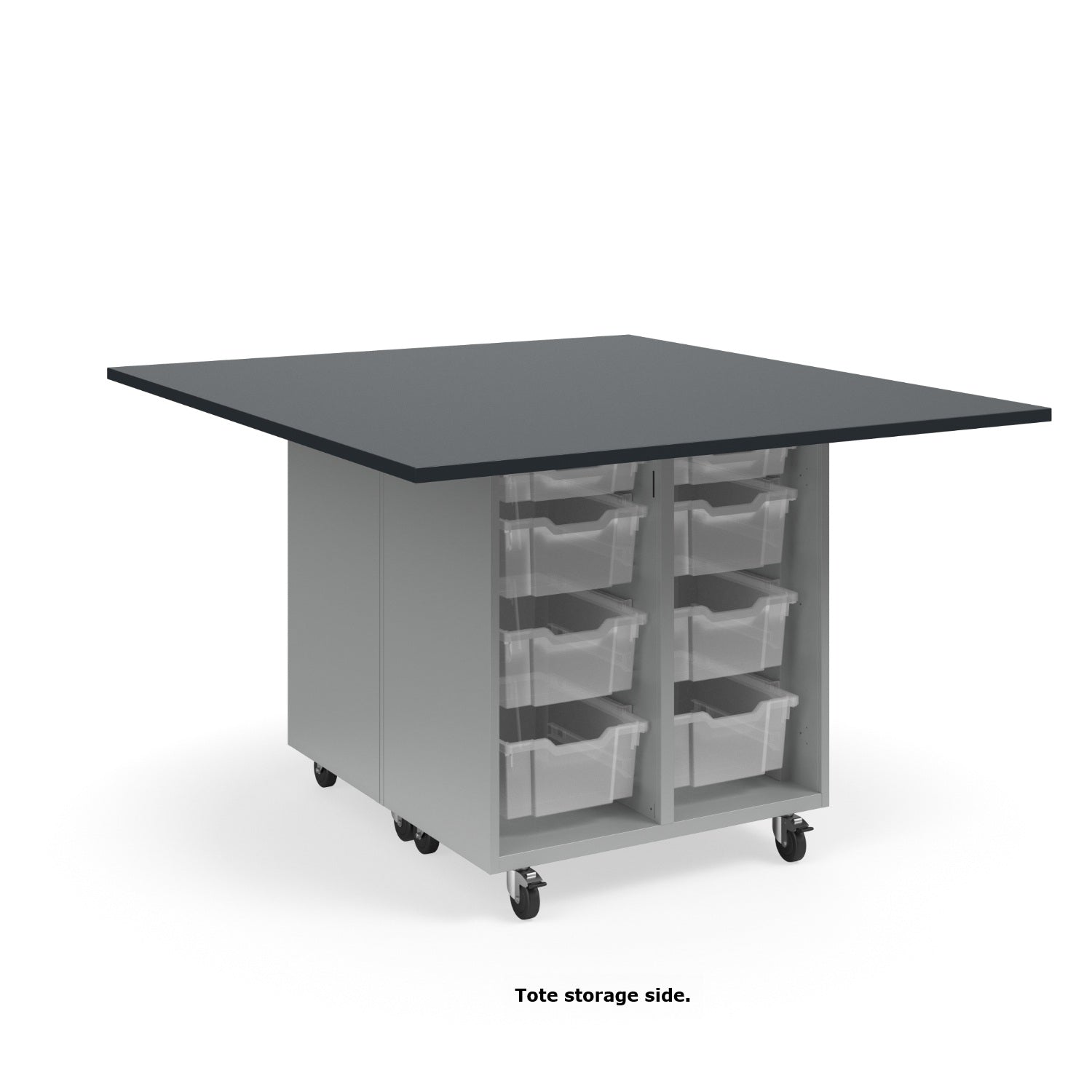 KI Ruckus Mobile Worktable, Double-Faced Open Cubby and Tote Storage, 54" W x 60" D, (6) 6" & (2) 3" Totes, 1" Black Phenolic Resin Top, FREE SHIPPING