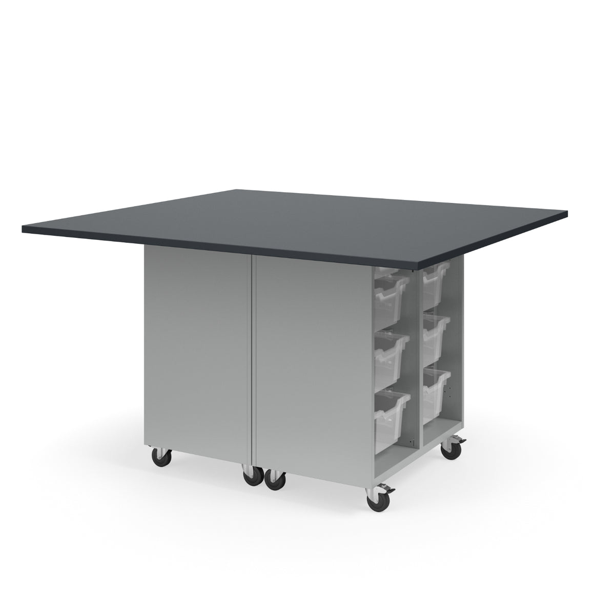 KI Ruckus Mobile Worktable, Double-Faced Open Cubby and Tote Storage, 54" W x 60" D, (6) 6" & (2) 3" Totes, 1" Black Phenolic Resin Top, FREE SHIPPING