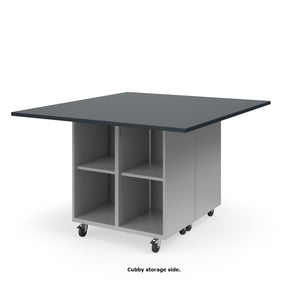 Ruckus Mobile Worktable, Double-Faced Open Cubby and Tote Storage, 54" W x 60" D, (6) 6" & (2) 3" Totes, 1" Black Phenolic Resin Top, FREE SHIPPING