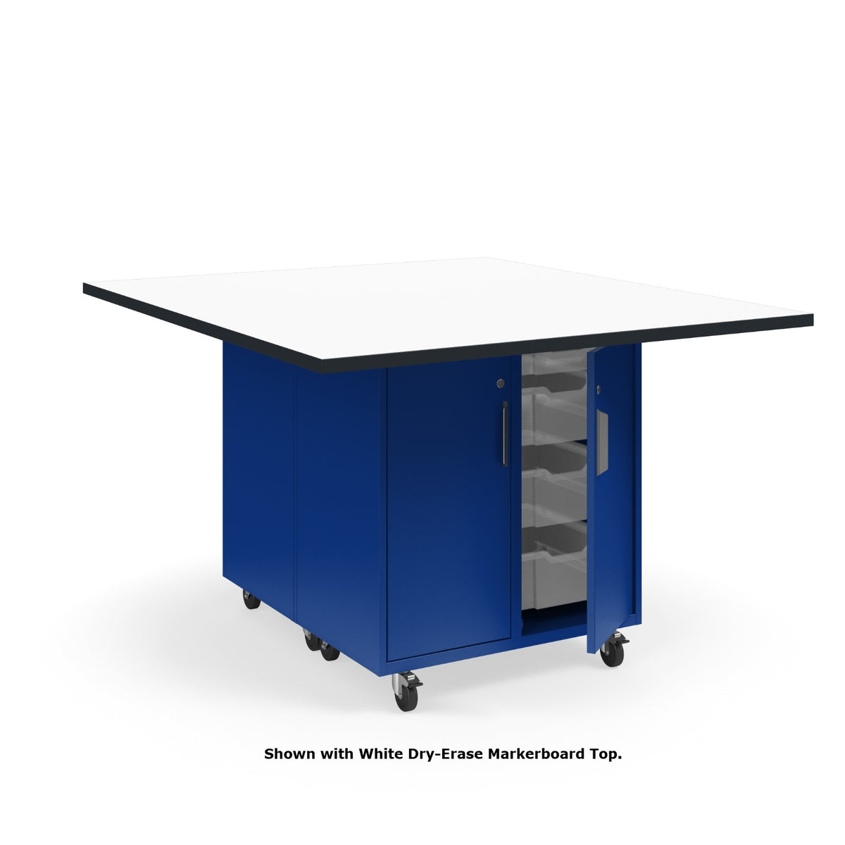 KI Ruckus Mobile Worktable, Double-Faced Tote Storage with Doors, 54" W x 60" D,  (12) 6" & (4) 3" Totes, 1-1/4" Laminate Top, FREE SHIPPING