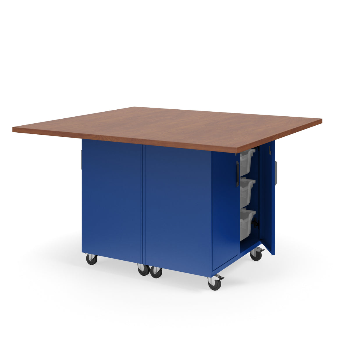 KI Ruckus Mobile Worktable, Double-Faced Tote Storage with Doors, 54" W x 60" D,  (12) 6" & (4) 3" Totes, 1-1/4" Laminate Top, FREE SHIPPING